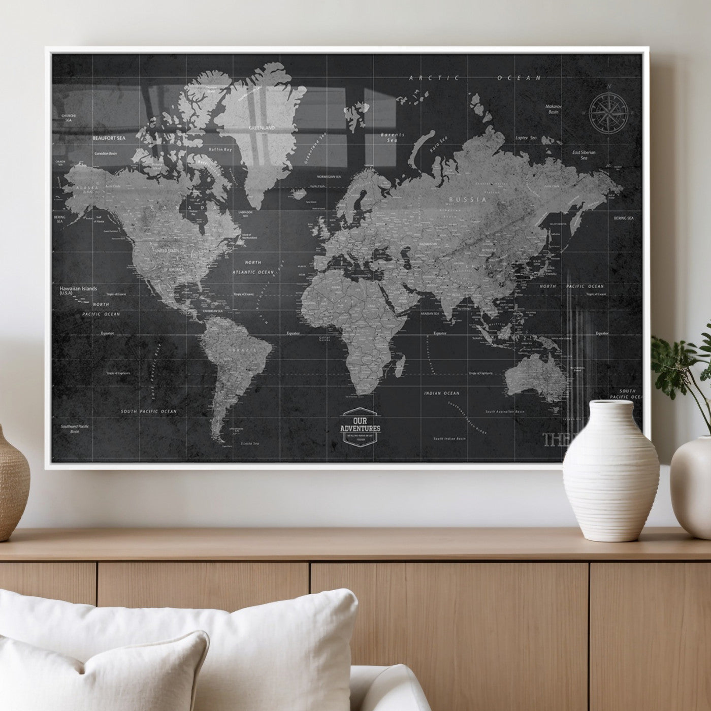 MGV-FP-36X24-3P - Push Pin World Map Canvas Print – Framed Wall Art for Couples to Track Their Travels – Anniversary