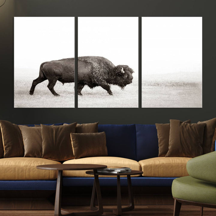 American Bison in Grasslands Triptych Canvas Wall Art – Western-Inspired Nature Decor for Home or Office