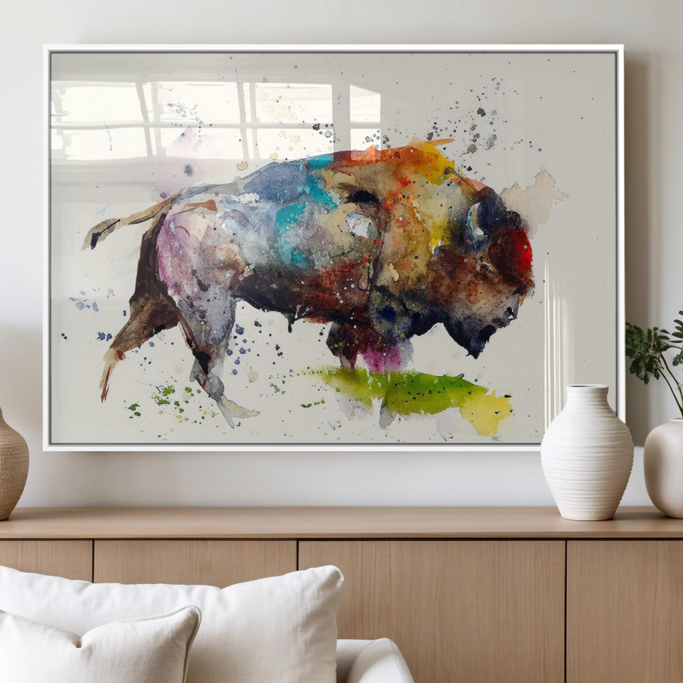 MGV-FP-36X24-3P - Abstract Buffalo Wall Art, Western Watercolor Bison Canvas Print, Rustic Buffalo Art for Cowboy and