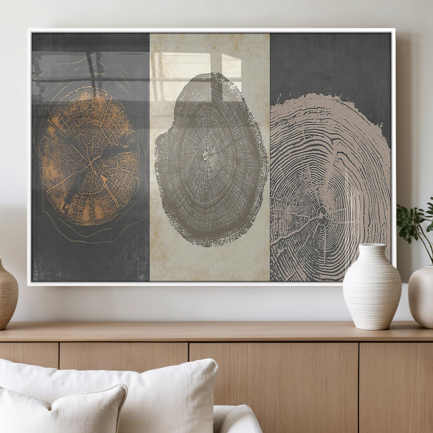 MGV-FP-36X24-3P - Boho Tree Ring Wall Art, Modern Minimalist Wood Grain Canvas, Tree Slice for Rustic Decor, Farmhouse
