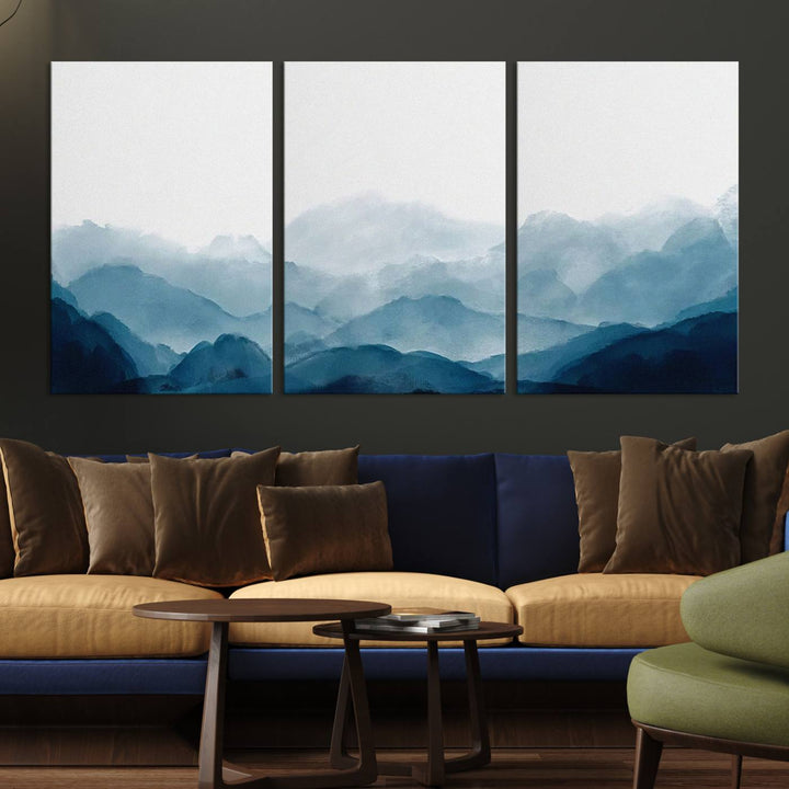 A modern living room features a three-panel canvas of green forest nature scenery photography on the wall. The artwork is gallery wrapped in museum-quality canvases, ensuring both durability and an exquisite display.