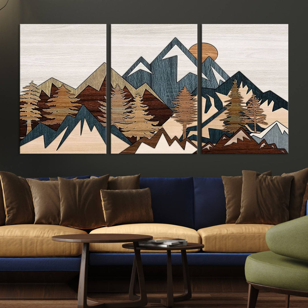 Woodland Mountain Landscape Triptych, Giclee Canvas Art for Modern Home, Rustic Wooden Nature Wall Art, Large Mountain and Tree Canvas for Living Room