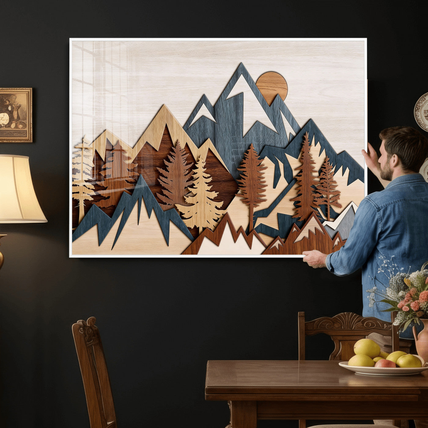 67950-MGV-CV-36X24 - Woodland Mountain Landscape Triptych, Giclee Canvas Art for Modern Home, Rustic Wooden Nature Wall