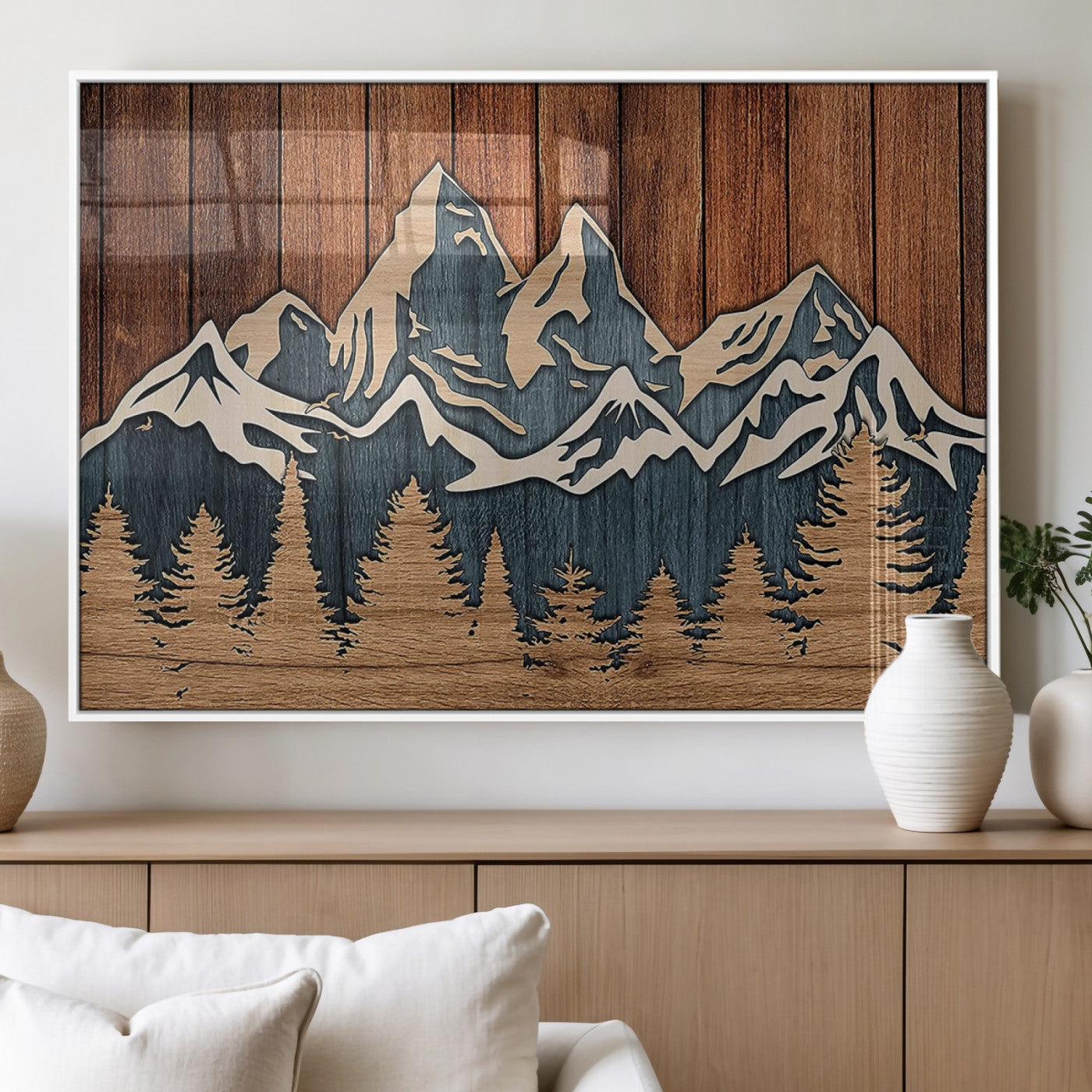MGV-FP-36X24-3P - Rustic Wood Style Mountain Wall Art, Nature Forest Canvas Print, Wooden Textured Mountain Artwork,