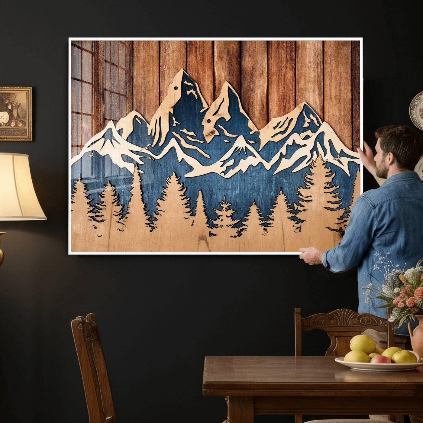 41330-MGV-CV-36X24 - Rustic Wood Style Mountain Wall Art, Nature Forest Canvas Print, Wooden Textured Mountain Artwork Print
