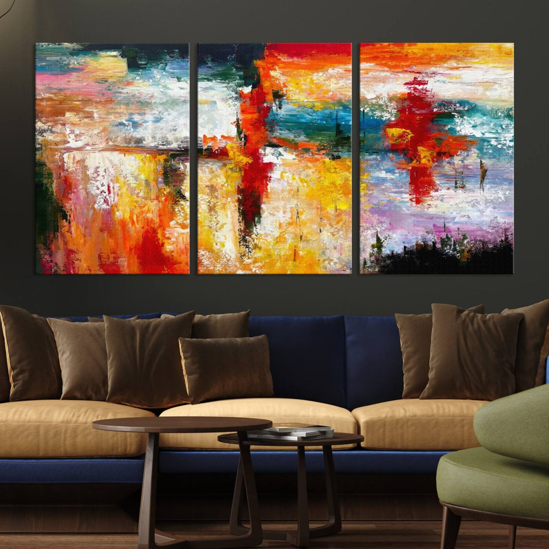 A Colorful Abstract Wall Art Canvas Print graces the wall, making this ready-to-hang masterpiece, complete with UV-protective coating, perfect for elevating any space with its vibrant allure.