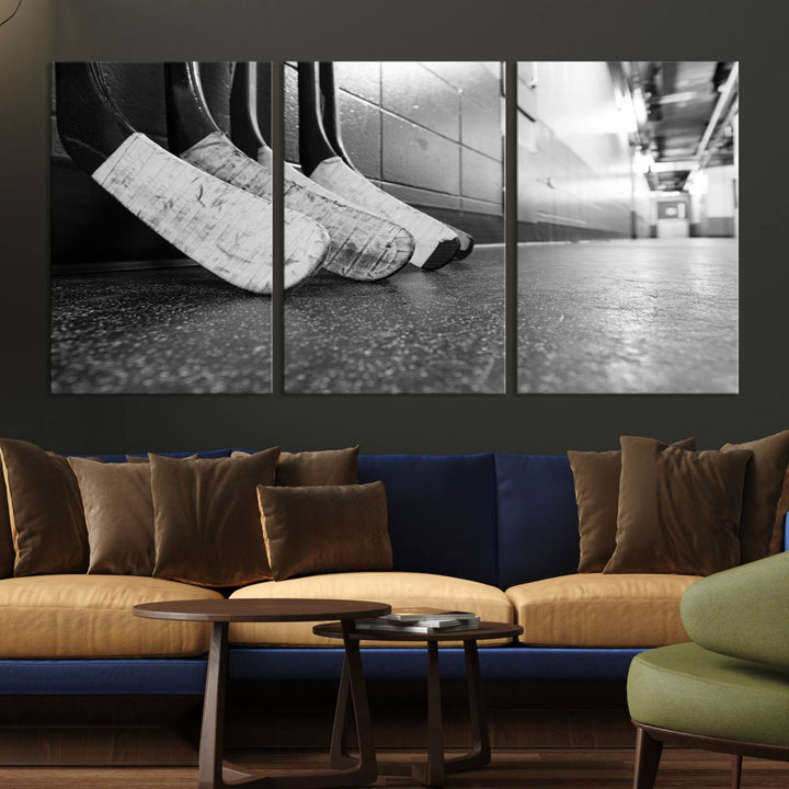 A living room featuring a large Ice Hockey Wall Art Canvas Print on gallery-wrapped canvas.