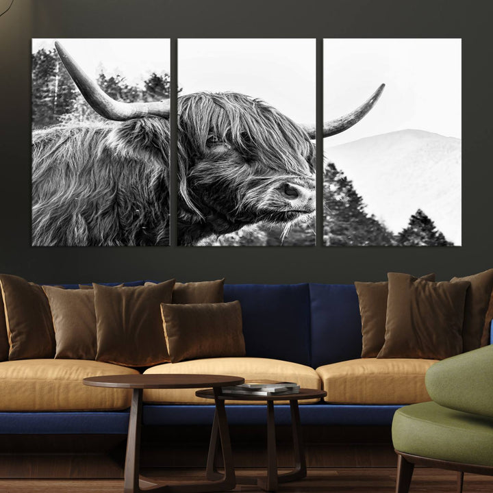 The Scottish Longhorn Wall Art Canvas Print features a highland cow with long horns and shaggy hair displayed on a museum-quality canvas. Equipped with a UV-protective coating for durability, it's ready to hang and enjoy for years to come.