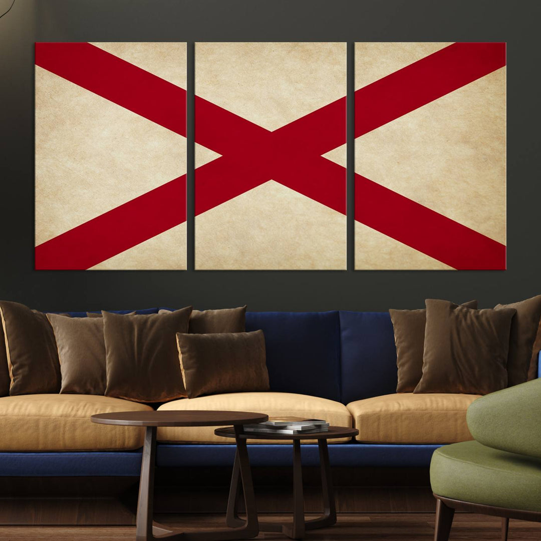 The USA Alabama States Flag Wall Art, featuring a red diagonal cross on a cream background, is elegantly displayed on museum-quality canvas with a UV-protective coating.