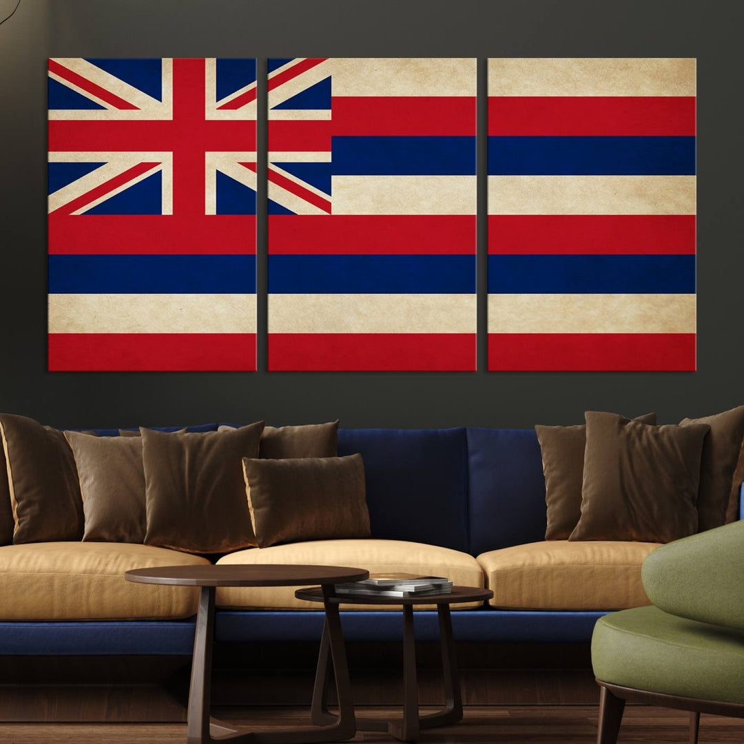 A stunning piece titled "Hawaii USA States Flag Wall Art Canvas Print" adorns the wall. This gallery-wrapped artwork is printed on museum-quality canvas and features a UV-protective coating, ensuring its vibrant colors remain timelessly beautiful.