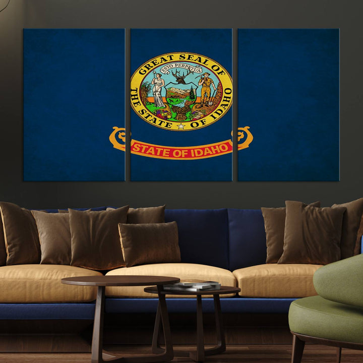 The Idaho USA States Flag Wall Art Canvas Print, featuring a UV-protective coating for lasting vibrancy, is ready to hang.