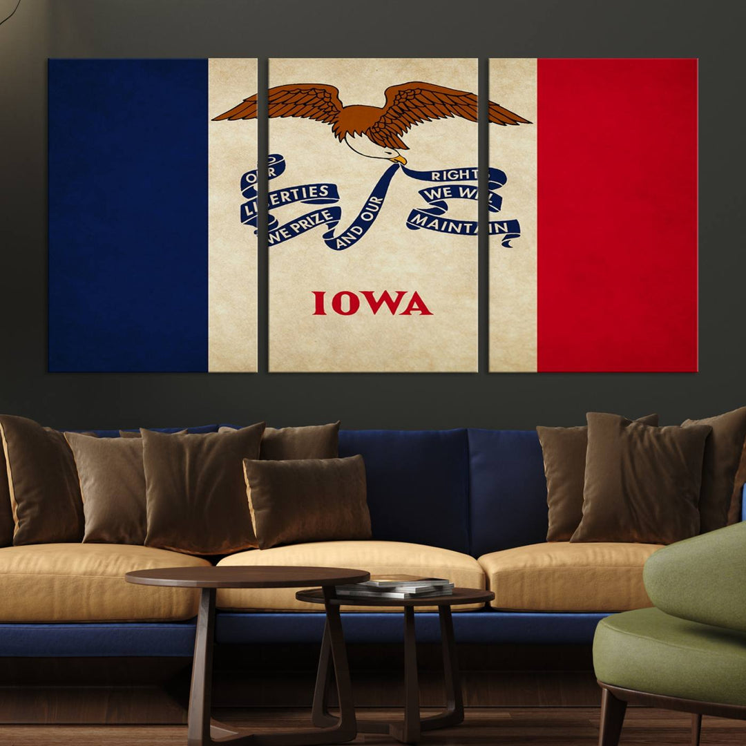 A beautiful Iowa States Flag Wall Art enhances the area, made on museum-quality canvas and boasting a gallery-wrapped design for enduring elegance.