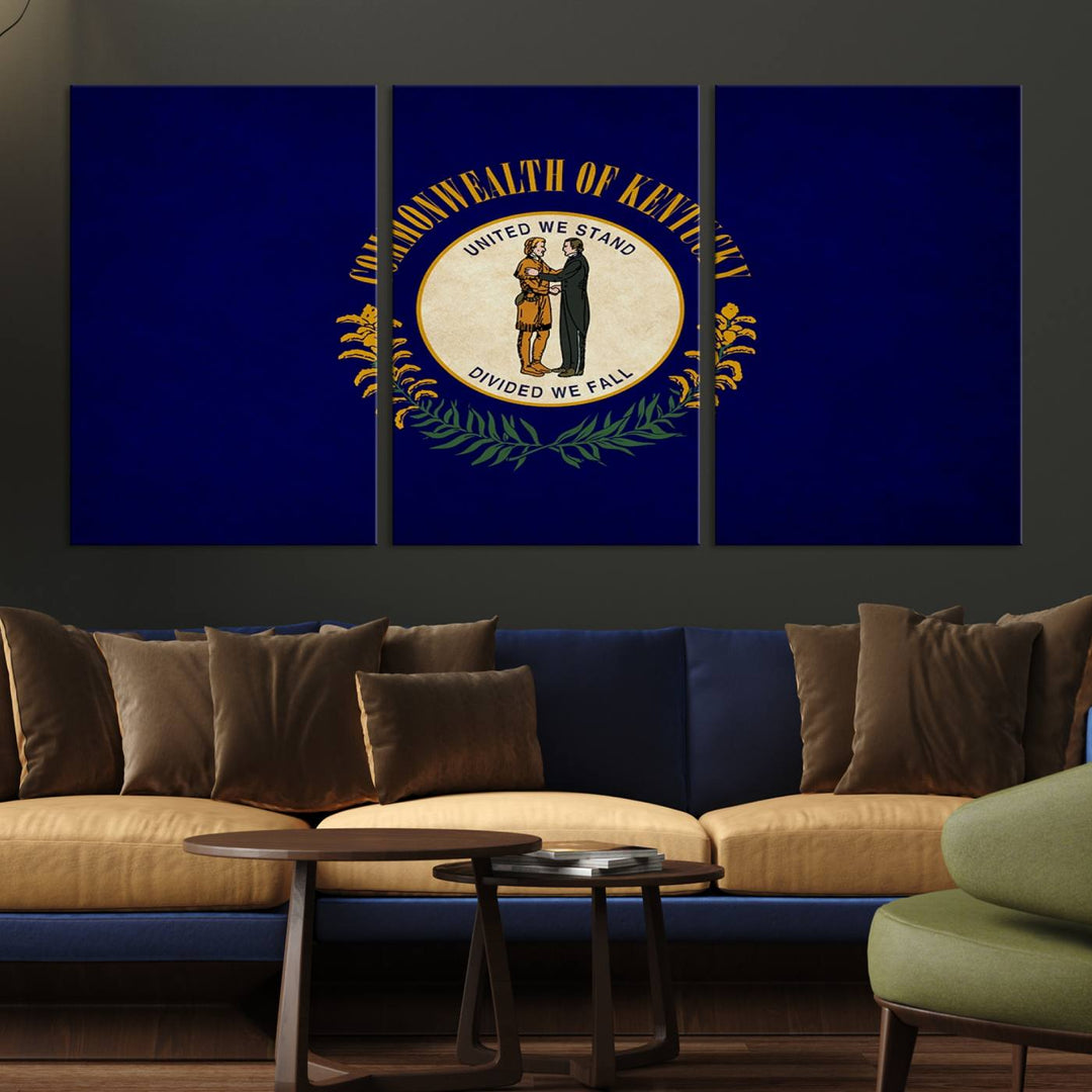 A museum-quality canvas of the Kentucky State Flag Wall Art graces the wall, featuring a UV-protective coating to maintain its vivid colors. Benefit from free shipping on this impressive home decor piece.