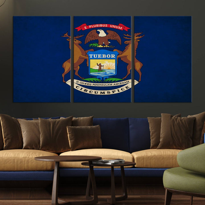 A piece of Michigan State Flag Wall Art on museum-quality canvas features a UV-protective coating to maintain its vibrant colors.