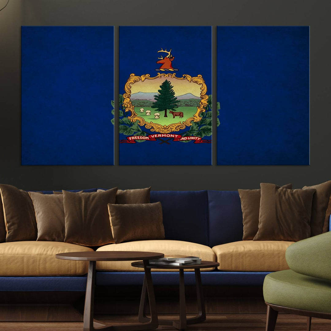 The Vermont Flag Wall Art Canvas Print is a museum-quality piece enhanced with UV-protective finishes, offering both style and durability. Enjoy free shipping on this classic decor addition.