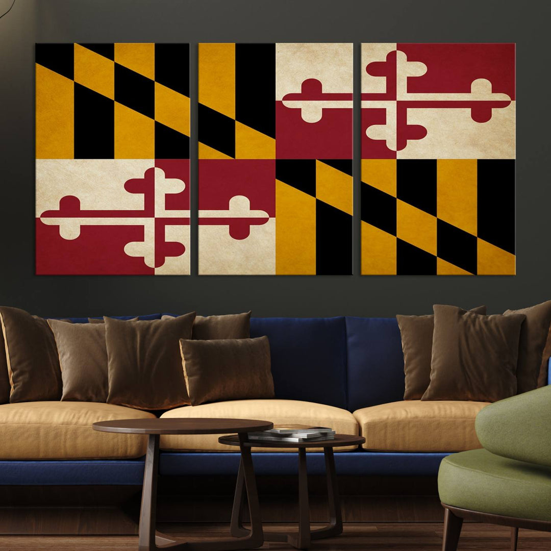 The Maryland Flag Wall Art Canvas Print, boasting a UV-protective coating for vibrant colors and durability, is a museum-quality piece offered with free shipping, making it the perfect addition to your space.