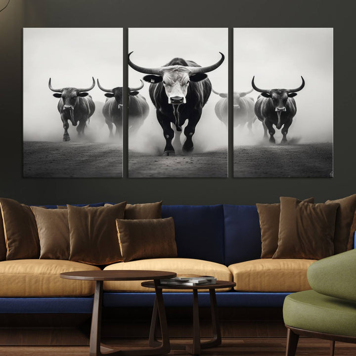 The Texas Longhorn Cow Animal Wall Art Canvas Print beautifully embellishes the area with its depiction of longhorn cattle in a misty setting, seamlessly integrating Western decor into the space.