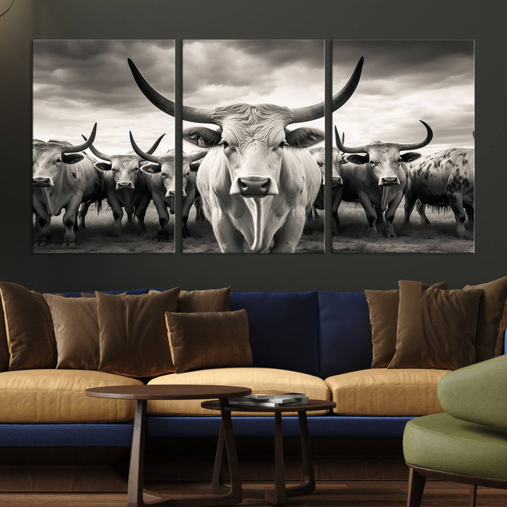 A Texas Longhorn Cow Animal Wall Art Canvas Print introduces a Western-themed accent.