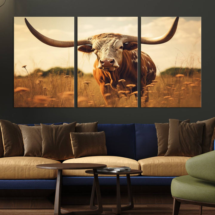 Cow Bighorn Wall Art Canvas Print, Longhorn Texas Cow Animal Canvas Print