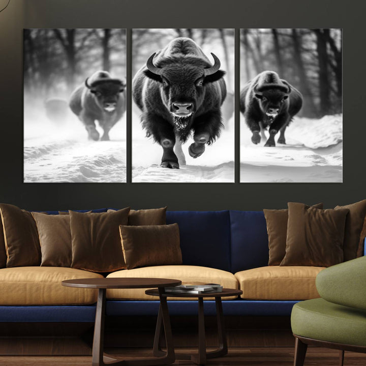 Transform your living room with the Buffalo Wall Art Canvas Print triptych, showcasing a bison family in motion across a snowy landscape. This striking Western decor piece becomes the focal point of any room.