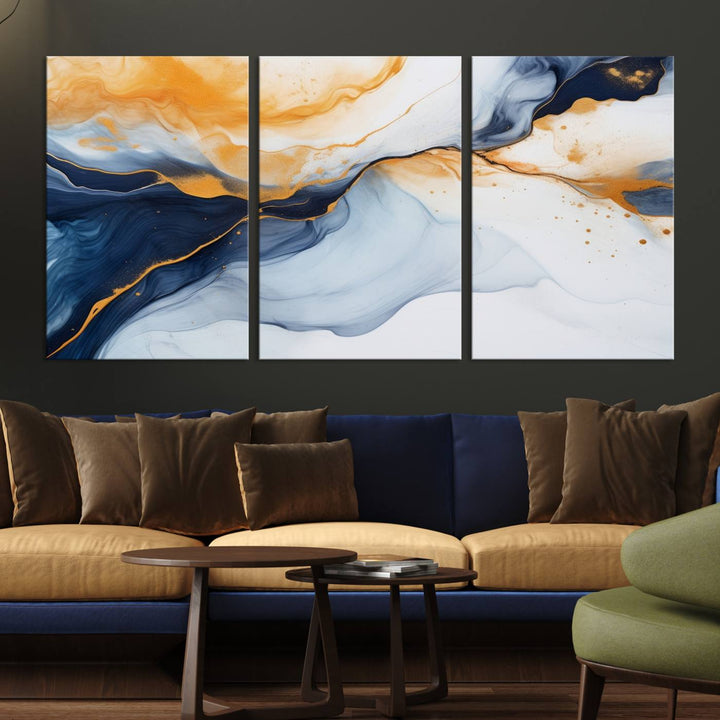 Modern living room featuring the 'Extra Large Orange Navy Blue Abstract Wall Art Canvas Print.'