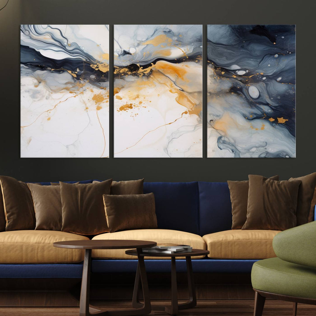 The Dark Blue and Orange Abstract Wall Art, featuring museum-quality canvas with captivating dark and golden swirls, is ready to hang and boasts a UV-protective coating to ensure enduring vibrancy and sophistication.