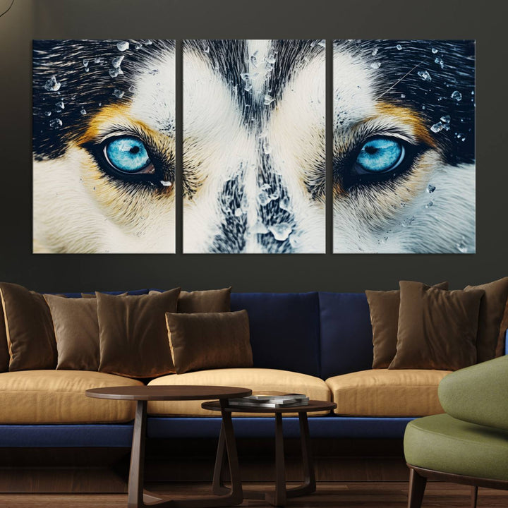 The captivating "Winter Siberian Husky Wolf EYE Wall Art Canvas Print" showcases the striking blue eyes of the animal portrait.