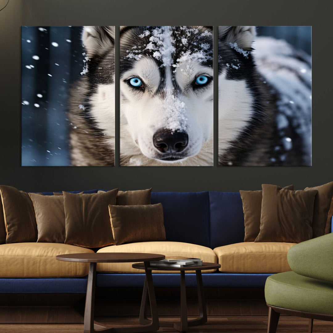 A digital art piece titled "Winter Siberian Husky Wolf Wall Art Canvas Print" showcases a blue-eyed husky blanketed in snow. Printed on high-quality canvas, it is an ideal choice for nature and dog enthusiasts.