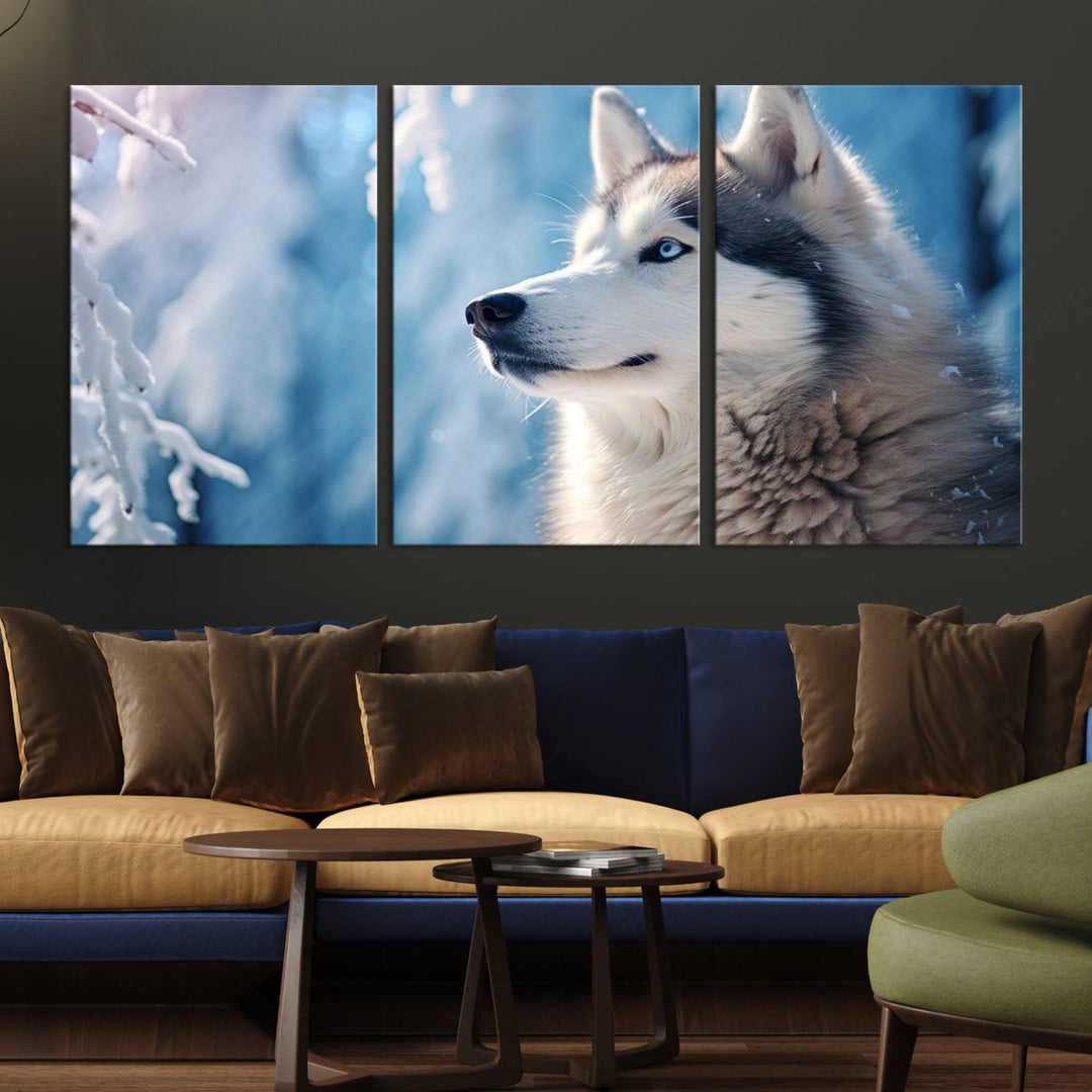 A captivating Winter Siberian Husky Wolf Wall Art Canvas Print hangs prominently.