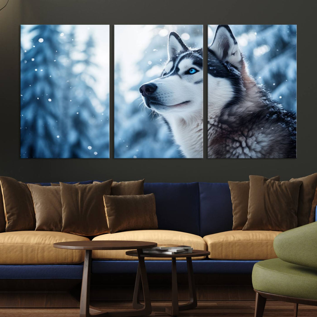 The "Winter Siberian Husky Wolf Wall Art Canvas Print" is elegantly displayed, enhancing the room's cozy ambiance in a snowy forest setting.