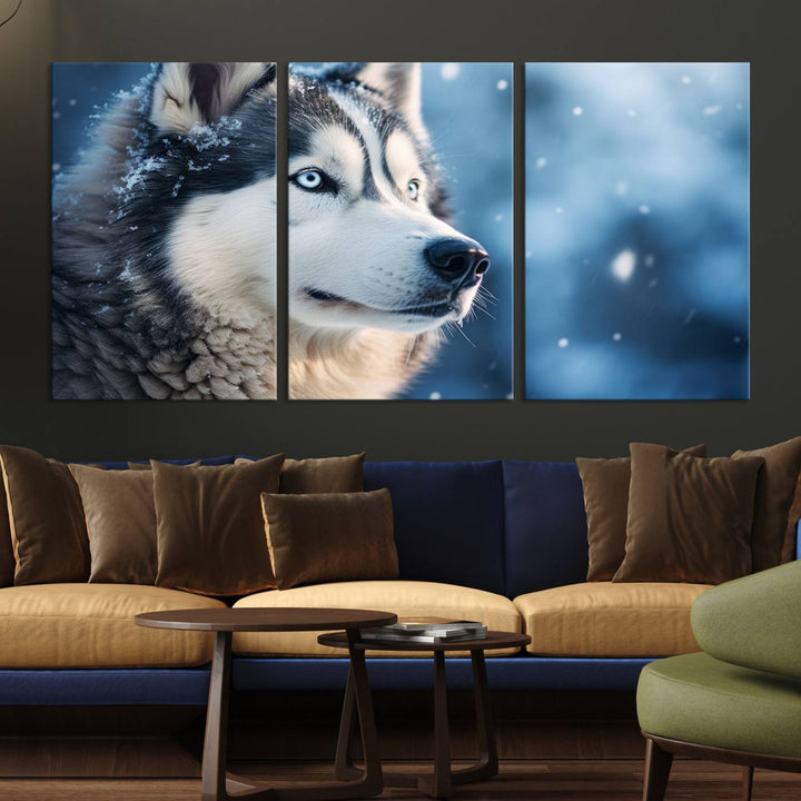 The space above the sofa features the Winter Siberian Husky Wolf Wall Art Canvas Print, creating a stunning snowy scene.