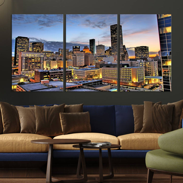 The modern living room features the Houston Wall Art Canvas Print on the wall. This professional craftsman framed masterpiece depicts a cityscape and is created with museum-quality polycotton canvas, ensuring a polished look that enhances its elegant charm.