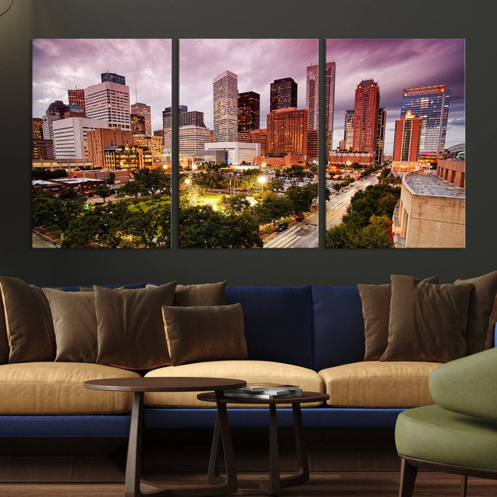 The Houston Wall Art Canvas Print in the living room displays a vibrant city skyline at twilight on museum-quality canvas with UV-protective coating.