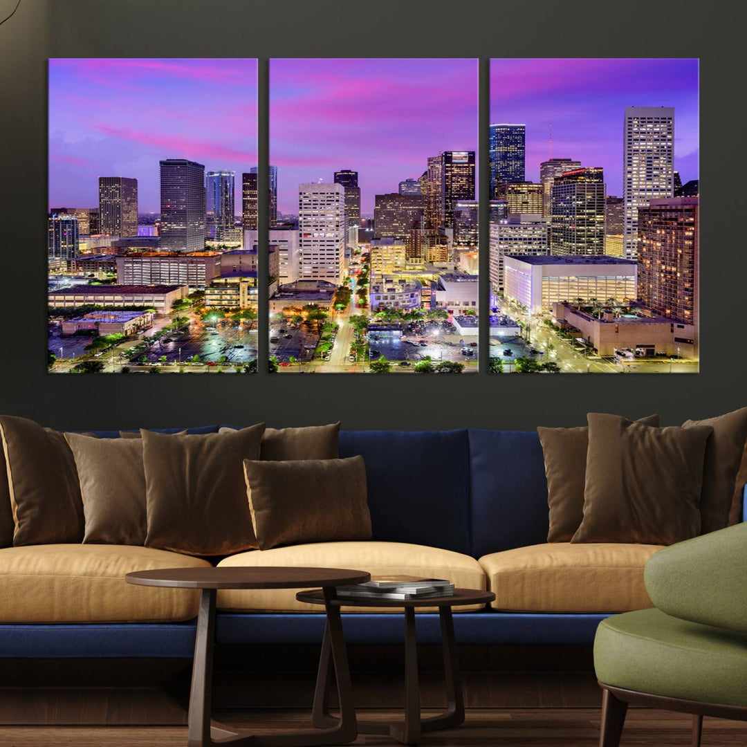 Houston Wall Art Canvas Print showcasing a vibrant cityscape at dusk on museum-quality canvas, expertly crafted by professional craftsmen.