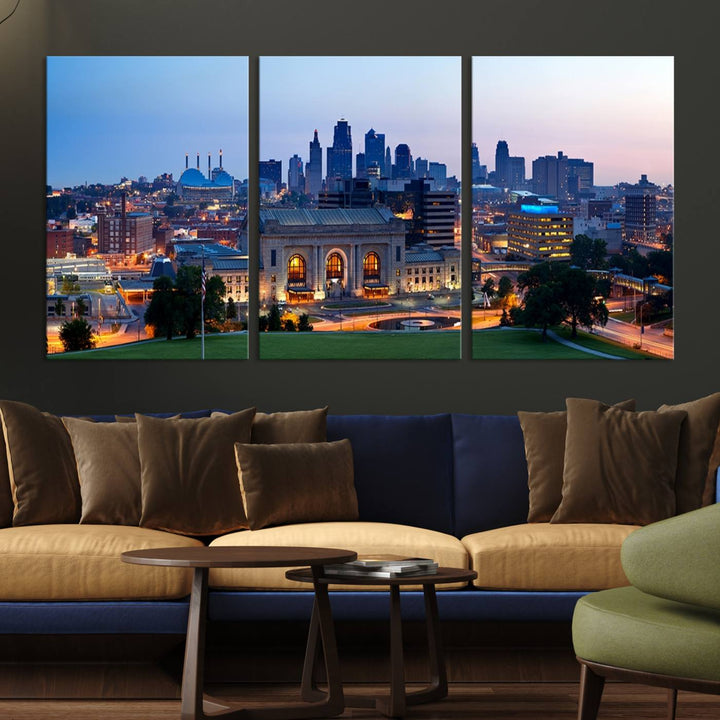 The Kansas City Skyline Canvas Wall Art Print hangs above, showcasing an iconic dusk cityscape with a historic building in the foreground, exuding urban sophistication.