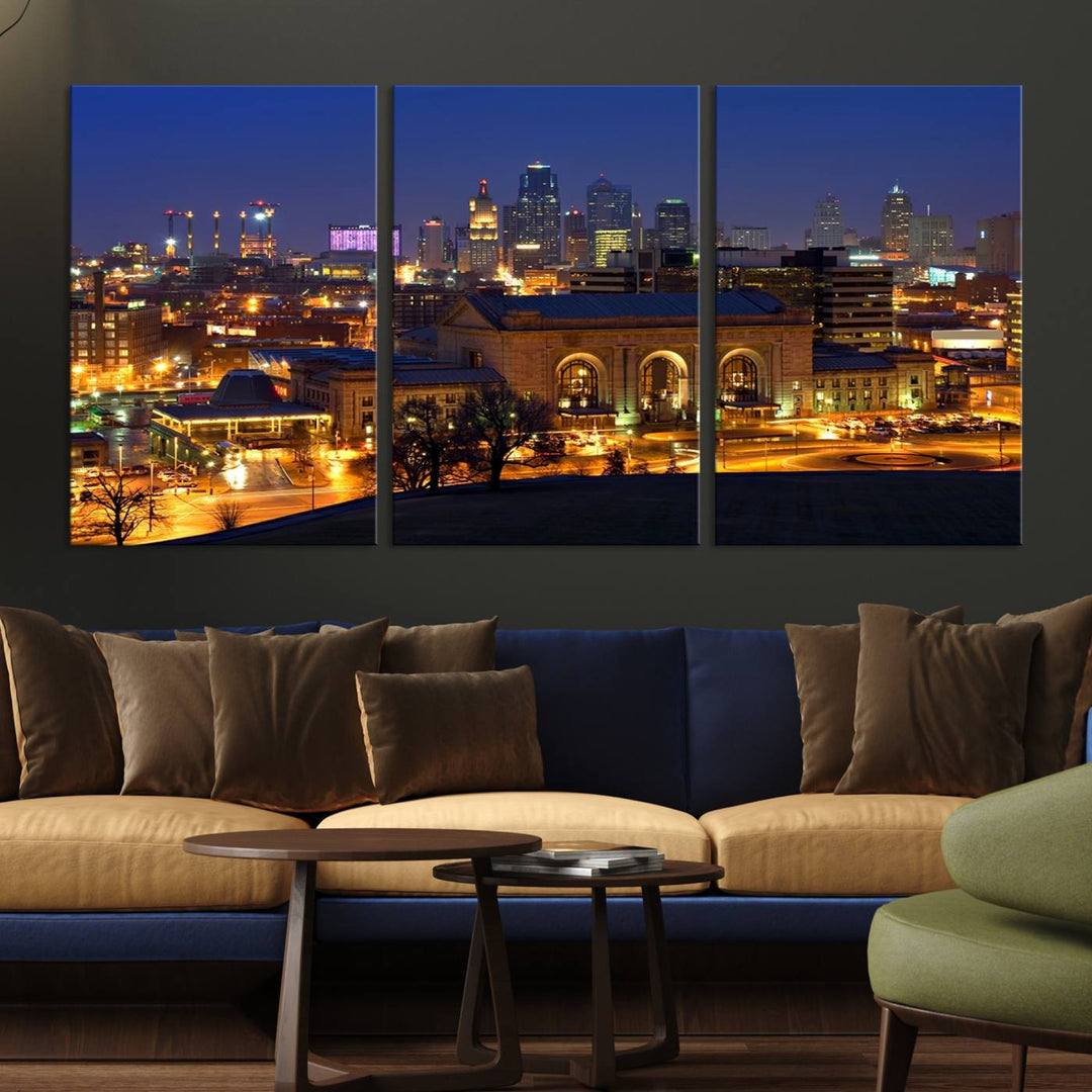 The Kansas City Night Canvas Print Wall Art creates a scene as captivating as museum-quality art, showcasing a city skyline at night with illuminated buildings.