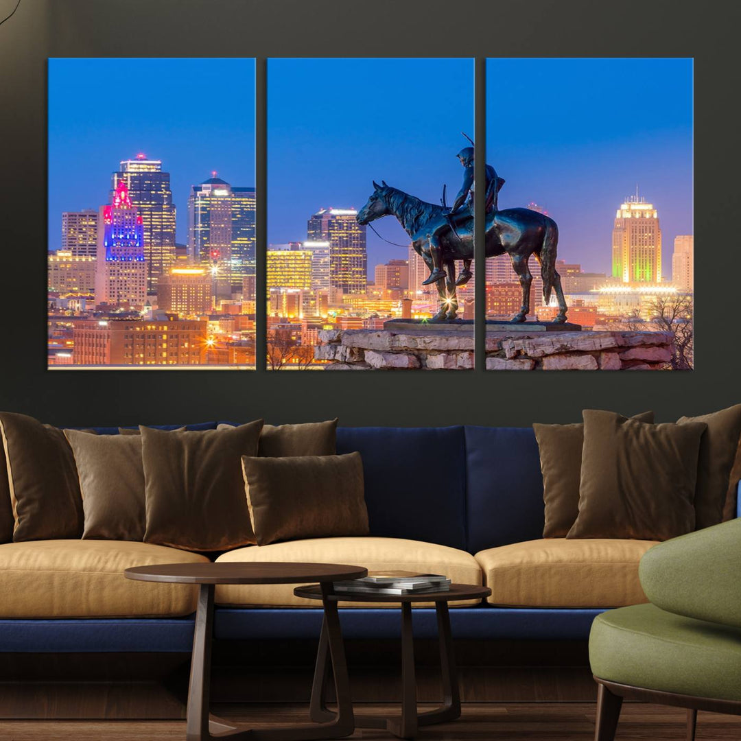 A large Kansas City Night Canvas Print Wall Art adorns the wall, gallery wrapped and finished with a UV-protective coating for lasting vibrancy.