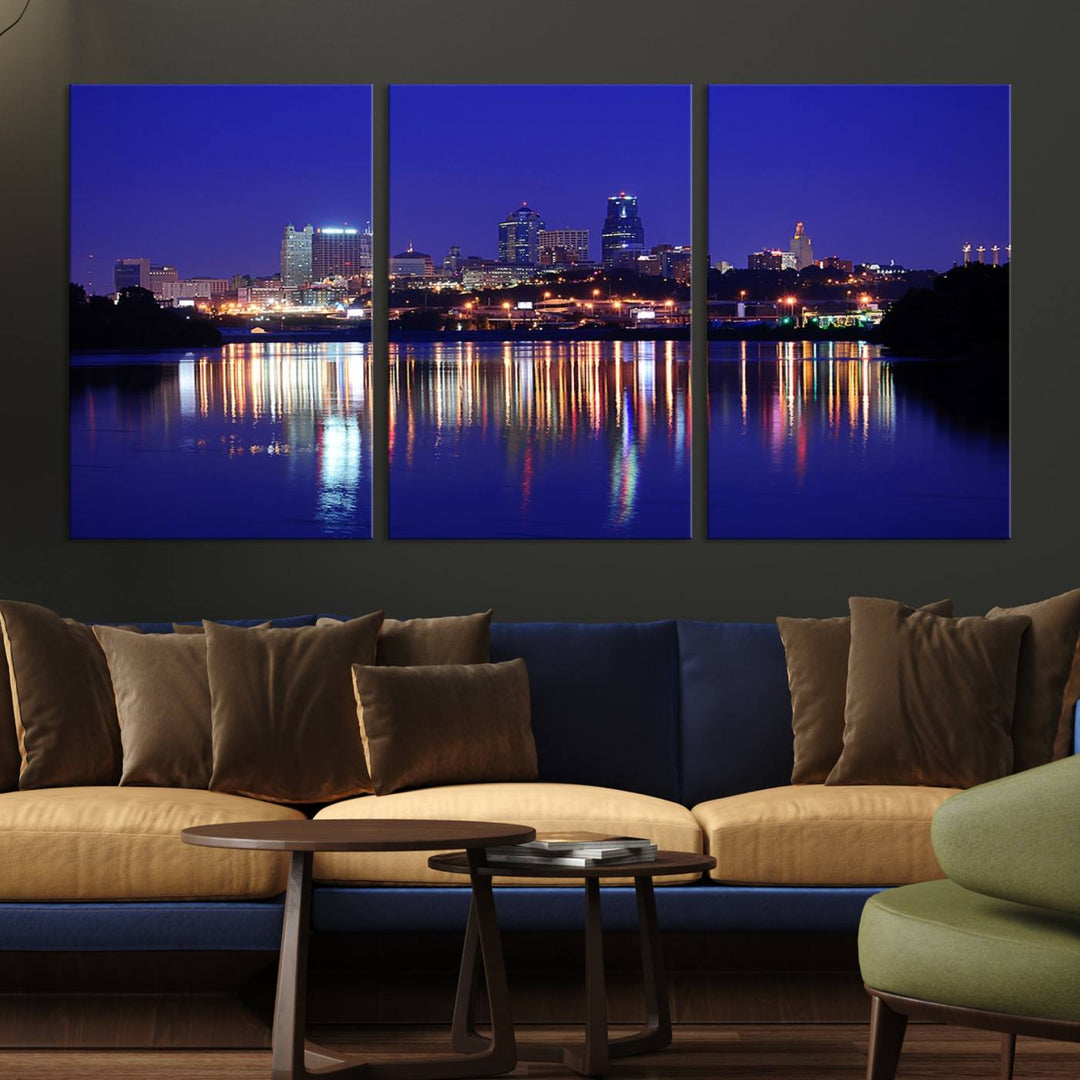 The Kansas City Night Canvas Print Wall Art captures the shimmering city skyline on the calm water, where every detail resembles a museum-quality polycotton masterpiece.