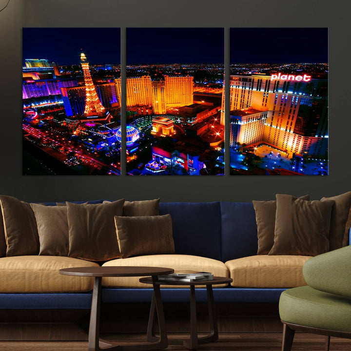 Las Vegas Wall Art Canvas Print showcases a dynamic and luminous cityscape at night with tall buildings and bustling streets. Expertly printed on museum-quality canvas, this gallery-wrapped artwork is enhanced with a UV-protective coating to ensure lasting brilliance.