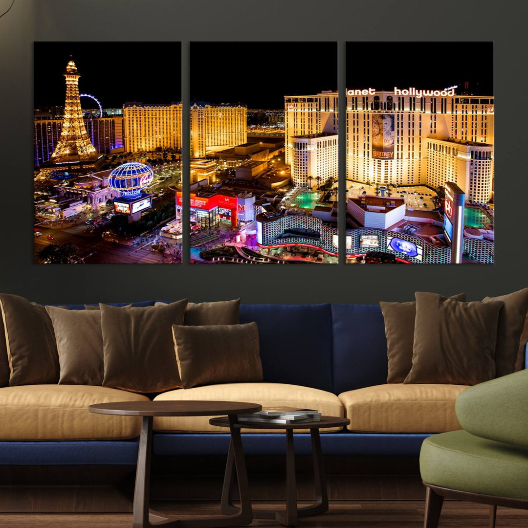 The Las Vegas Wall Art Canvas Print is a triptych set that showcases a stunning night view of Las Vegas. The illuminated buildings and the iconic faux Eiffel Tower add elegance to any space. Each piece comes with a UV-protective coating and is ready to hang, ensuring both style and durability.