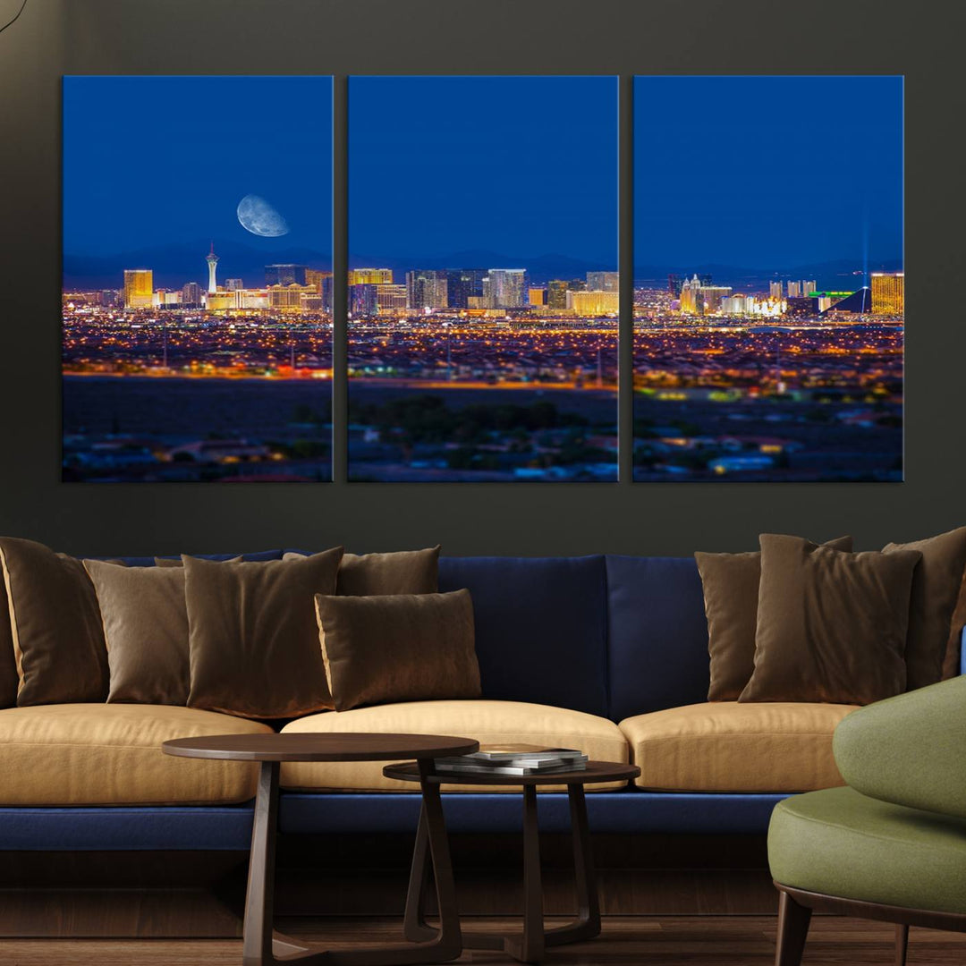 The Las Vegas Wall Art Canvas Print, depicting a city skyline at night, enhances a modern living room with its museum-quality canvas. This triptych comes ready to hang and boasts a UV-protective coating for lasting brilliance.