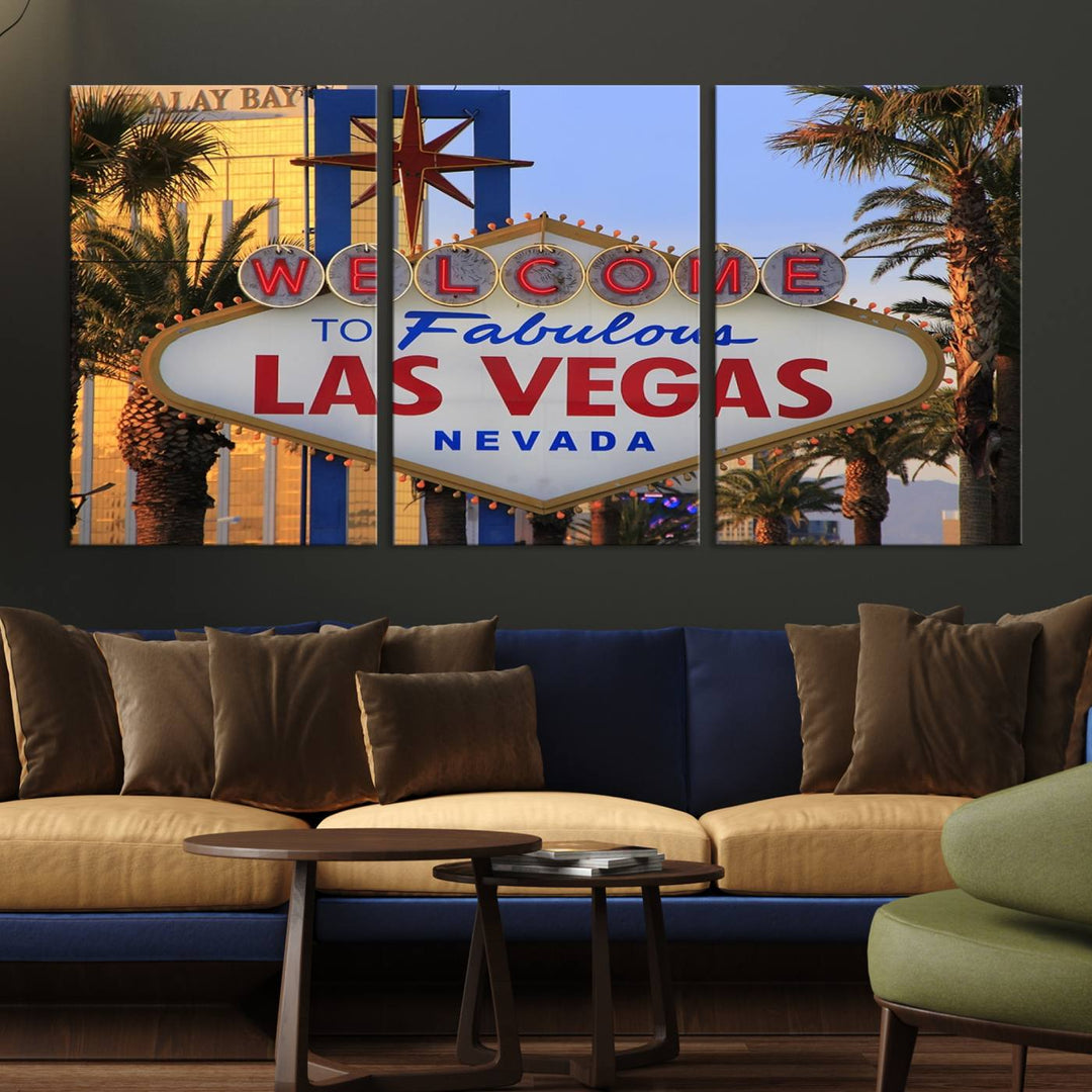 A Las Vegas Wall Art Canvas Print hangs on the wall, showcasing the iconic Welcome to Fabulous Las Vegas, Nevada sign. The museum-quality canvas guarantees vibrant colors with its UV-protective coating and is available with free shipping for added convenience.