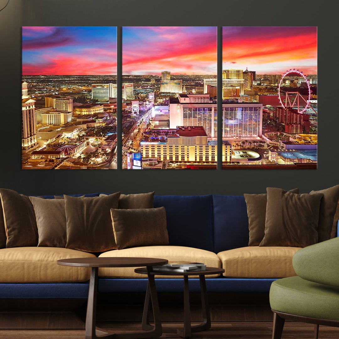 Las Vegas Wall Art Canvas Print depicting a vibrant cityscape at dusk on museum-quality canvas with a UV-protective coating, showcasing a skyline with colorful clouds.