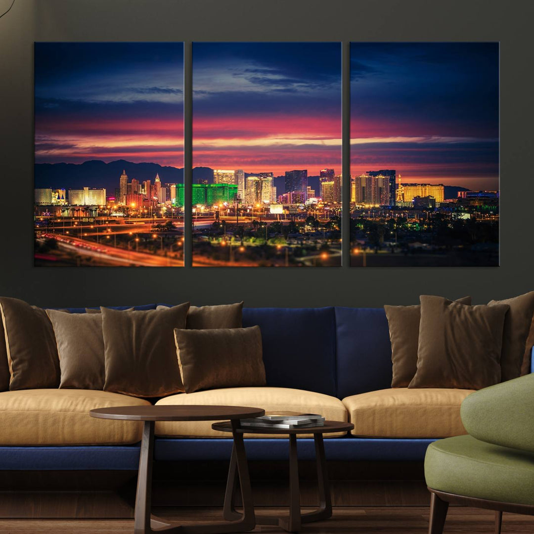 The living room is adorned with the Las Vegas Wall Art Canvas Print, a triptych showcasing a cityscape at sunset. This piece is crafted on museum-quality canvas and protected by a UV-coated finish, highlighting the craftsmanship of a skilled professional.