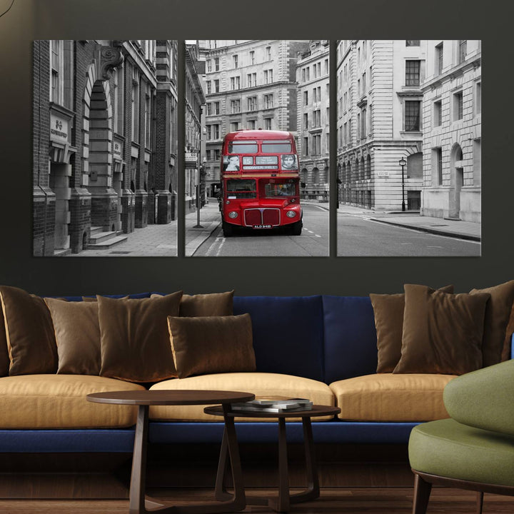 The living room features museum-quality London Red Bus Wall Art, showcasing a split canvas print of a red bus on a black and white city street. This artwork is ready to hang and includes a UV-protective coating to ensure long-lasting vibrance.