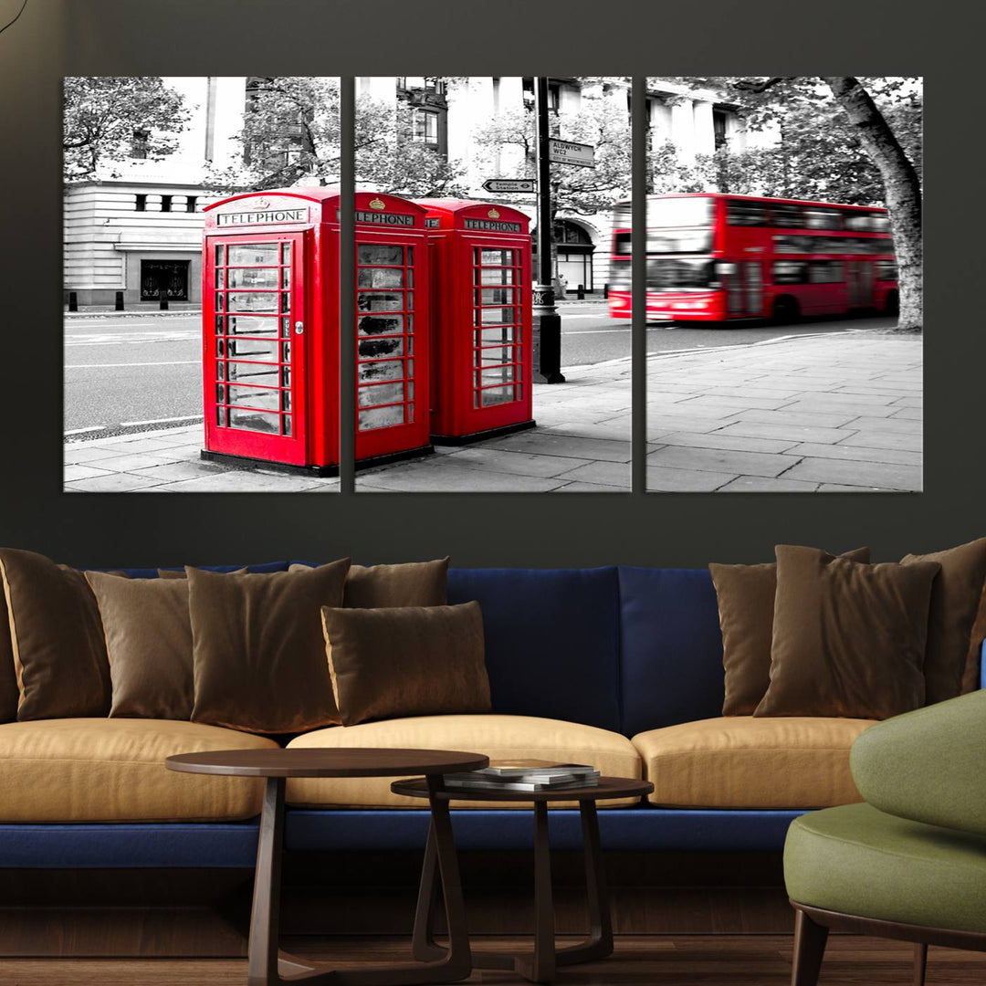 The London Red Bus and Phone Club Wall Art, a vivid night canvas print featuring iconic red buses and phone booths, is elegantly showcased on gallery-wrapped, museum-quality material. With its UV-protective coating, this captivating piece infuses your space with the charm of London.