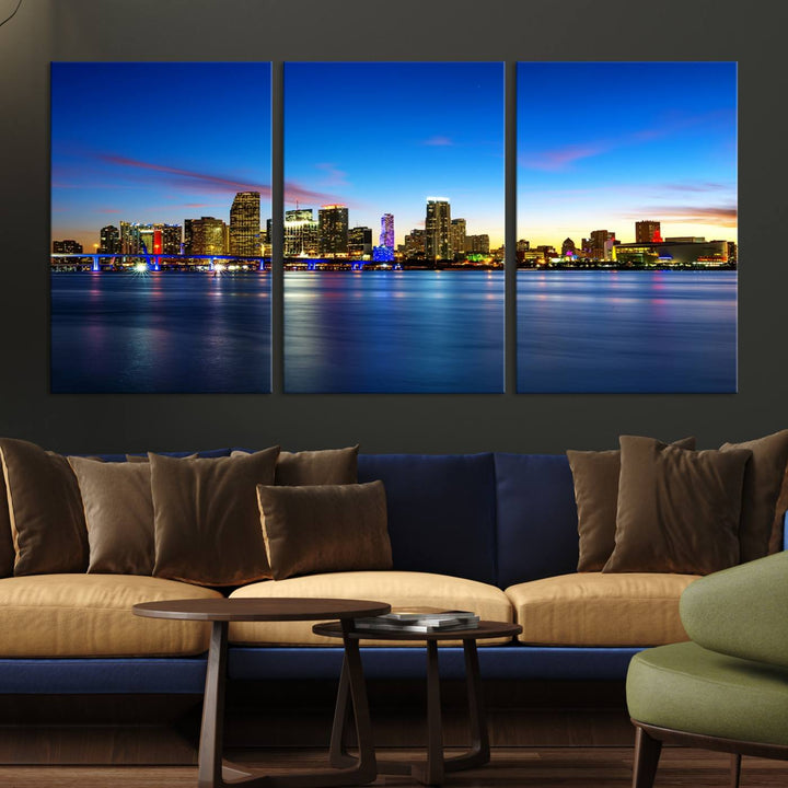 The living room features a Miami City Wall Art Canvas Print—a gallery-wrapped triptych displaying a city skyline at dusk, adding museum-quality elegance to the space.