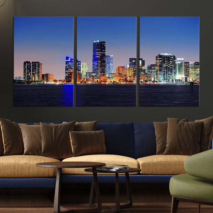 Miami City wall art canvas print showcasing a city skyline at dusk. Crafted on museum-quality canvas and designed to be ready to hang, it offers effortless elegance for your interior decor.