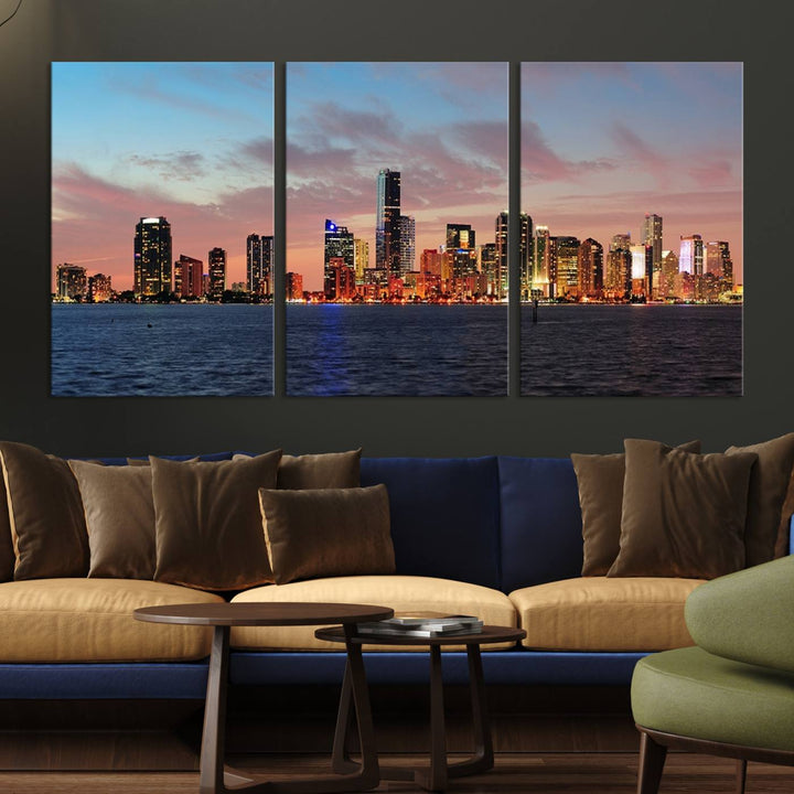 The Wall Art MIAMI Canvas Print emphasizes a vibrant cityscape at sunset. This artwork is presented on museum-quality canvas with gallery-wrapped edges, ensuring it stands out while maintaining its pristine condition for years to come.