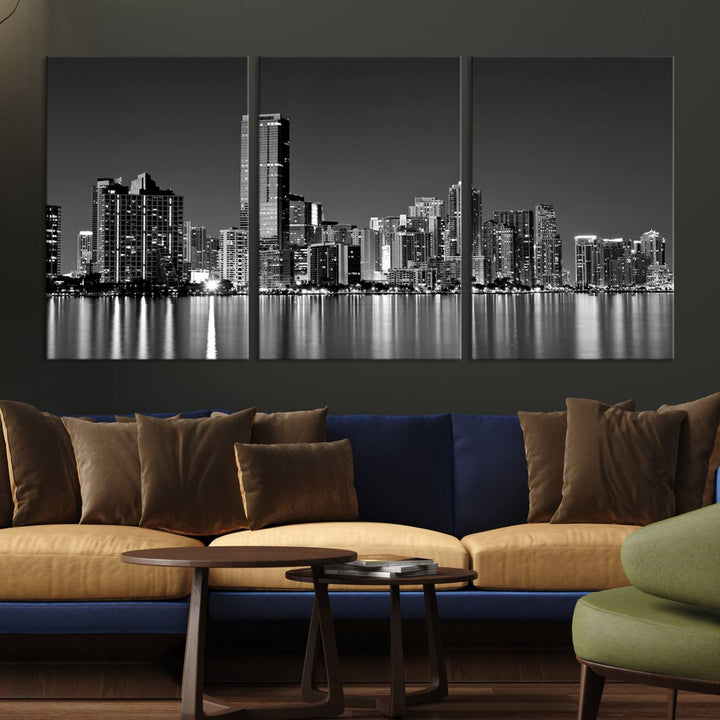 The Miami City Wall Art Canvas Print, a stunning triptych of the Miami skyline, elegantly hangs in this modern living room.